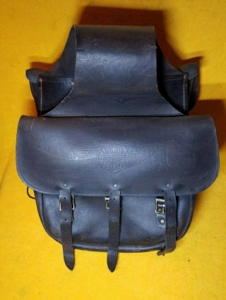 Vintage Harley Davidson Leather Saddle Bags With Embossed Logo & 3 Strap Buckles