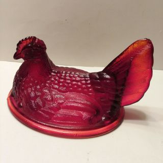 Vintage Glass Red Chicken Hen On Nest Candy Dish Tilted Head Top Only