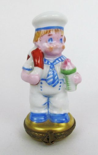Limoges France Porcelain Sailor Baby Boy W/ Life Saver & Milk Bottle Trinket Box