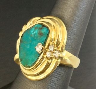 Heavy Vintage Turquoise Diamond Ring 18k Yellow Gold 11.  4 Grams