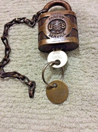 Vintage U.  S Forest Service Padlock - Yale Logo Brass Pine Tree Lock With Key - Chain