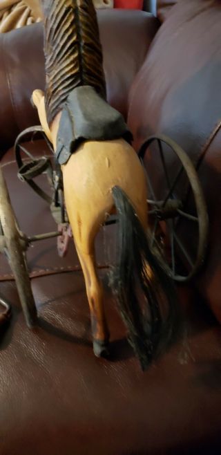 Vintage Wooden Horse On Tricycle Wheels.  Handles Are Not Attached