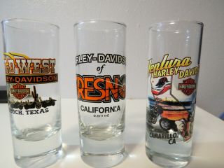 (3) Harley Davidson Shot Glasses Fresno,  Camarillo Ca & Lubbock Texas