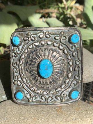 Vintage Navajo Leather,  Sterling Silver & 5 Turquoise Bow Guard Ketoh Bracelet