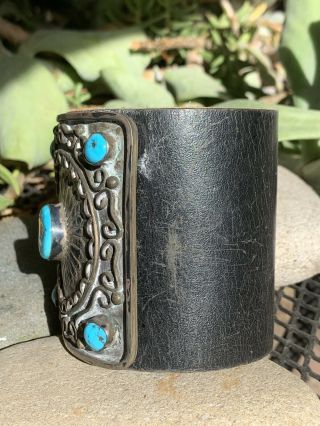 Vintage Navajo Leather,  Sterling Silver & 5 Turquoise Bow Guard Ketoh Bracelet 2