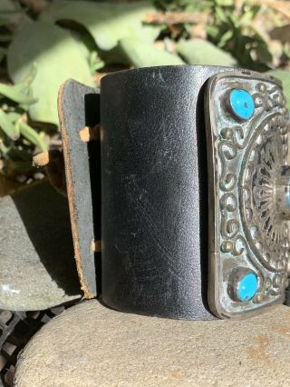 Vintage Navajo Leather,  Sterling Silver & 5 Turquoise Bow Guard Ketoh Bracelet 3
