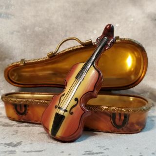 Limoges " Peint Main Marque Deposee " Violin And Case Trinket Box