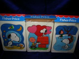 Peanuts Snoopy - Complete Set Of 6 Fisher Price Childrens Wood Puzzles - Vintage -
