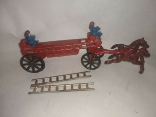 Vintage Cast Iron Horse Drawn Fire Ladder Wagon 2 Horses,  2 Ladders,  Two Firemen