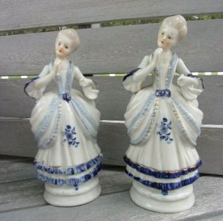 Porcelain Figurines,  Blue And White,  Colonial Women,  2