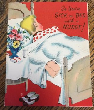 Sexy Nurse Sick In Bed Vintage Get Well Greeting Card Wishing Well
