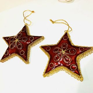 Vintage Cloisonne Enamel Red And Gold Christmas Tree Ornaments Set Of 2 - 4.  5”