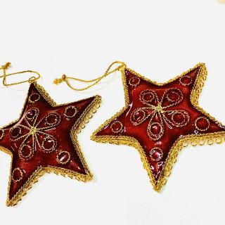 Vintage CLOISONNE Enamel Red and Gold Christmas Tree Ornaments Set Of 2 - 4.  5” 2