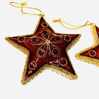 Vintage CLOISONNE Enamel Red and Gold Christmas Tree Ornaments Set Of 2 - 4.  5” 3