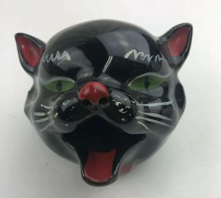 Vintage Japan Black Cat Head Ashtray Redware Incense Burner Cat Mouth