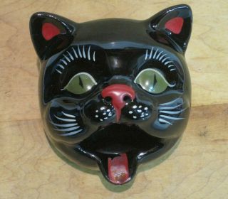 Vintage Black Cat Head Ashtray Redware Incense Burner Halloween