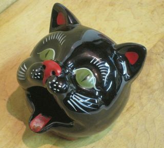 Vintage Black Cat Head Ashtray Redware Incense Burner Halloween 3