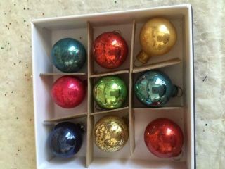 Box Of 9 Antique Vtg Feather Tree Glass Xmas Ornaments Multi - Colors
