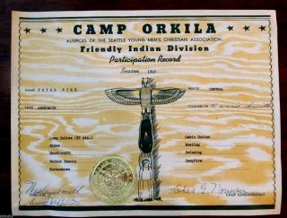 1942 Ymca Seattle Camp Orkila Friendly Indian Certificate Totem Pole Snohomish