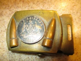 Vintage Military Brass Belt Buckle W/1916 Australian Silver One Shilling Coin