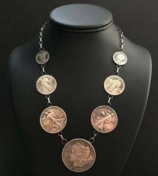Vintage Old Pawn Native American Sterling Silver Coin Necklace.  19 Inch