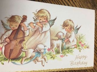Little Angels Playing Music W/ Lambs Vintage Happy Birthday Greeting Card