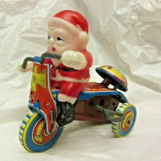 Vintage Christmas Tin Litho Celluloid Wind Up Toy Santa On Bike Fine
