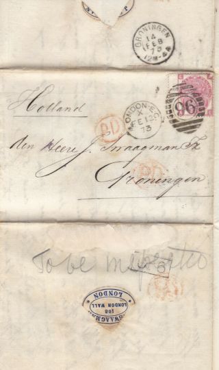 1873 Qv London Cover With A 3d Rose Stamp (crease) Sent To Groningen Holland