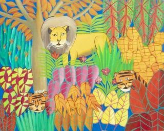 Vintage Little Bijoux Haitian Folk Art Painting M Mirvil Forest Lion Tiger Haiti