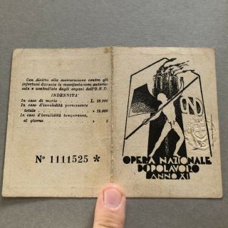 L) Italy Italian Fascist Id Card Ond Dopolavoro Workers Xi Piasco