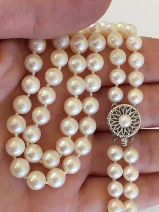 Vtg Estate Double Strand 6 - 7mm Cultured Akoya Pearl Necklace 21 " 14k Wg Clasp