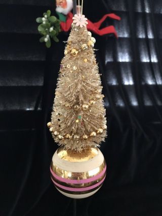 Vintage Gold Pink Mica Stripe Mercury Glass Garland Jewel Christmas Ornament