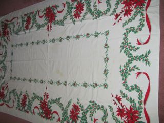 Vintage Christmas Poinsettia Print Cotton Tablecloth - 1950 