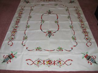 Christmas Holiday Tablecloth - Hand Painted - Lanterns - Holly - Bells - Ornaments