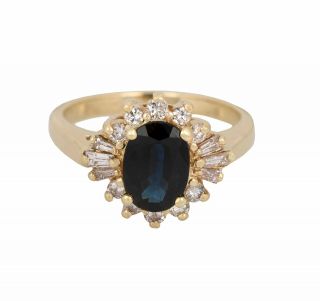 Womens Vintage Estate 14k Yellow Gold 1.  19ct Blue Sapphire Diamond Cocktail Ring