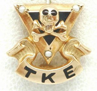 Solid 14kt Gold Pearls Tau Kappa Epsilon Skull Fraternity Badge Tke Pin 2.  25 Gr