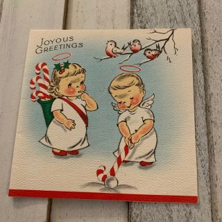 Vintage Greeting Card Christmas Angels Hockey Candy Cane Birds