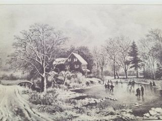 Victorian Era Scene Of Early Winter Skating On The Pond Currier & Ives Print