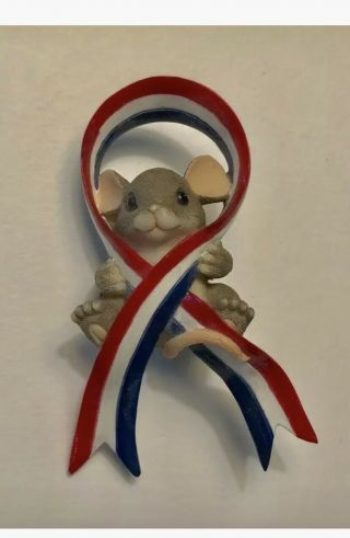 Charming Tails Patriotic Pin - Mouse With Red,  White & Blue Ribbon