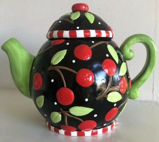 Large Mary Engelbreit Ceramic Teapot Sakura Black Red Cherries At Home