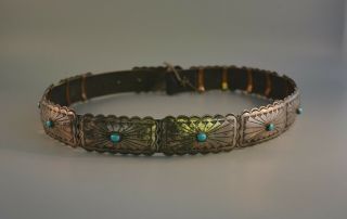 Vintage Navajo Indian Handstamped Sterling Silver Concho Belt W Turquoise Stones