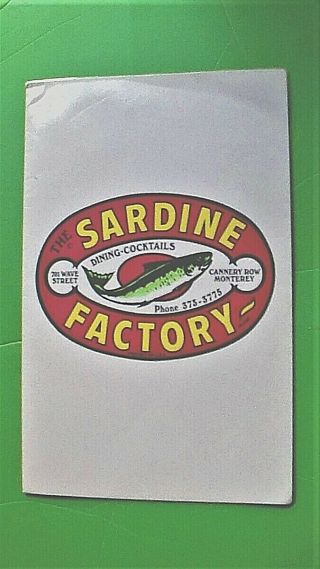 Orig.  Vintage Dinner Menu The Sardine Factory Restaurant Cannery Row Monterey Ca