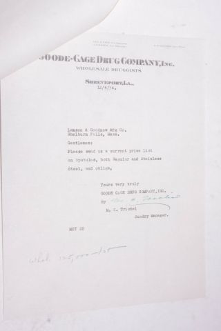 1934 Lamson Goodnow Goode Gage Drug Co Shreveport La Price Letter Ephemera P708h