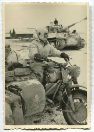 German Wwii Archive Photo: Motorcycle With Sidecar & Panzer Vi Tiger Heavy Tank