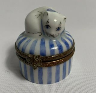 Limoges France Peint Main Cat Trinket Box Hinged Blue Stripe