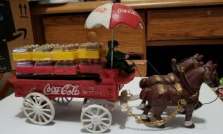 Vintage Coca - Cola Cast Iron Horse - drawn Wagon Driver Umbrella Coke Bottles 2