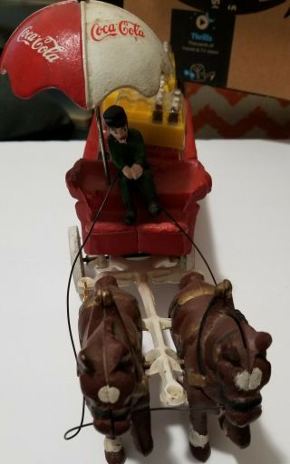 Vintage Coca - Cola Cast Iron Horse - drawn Wagon Driver Umbrella Coke Bottles 3