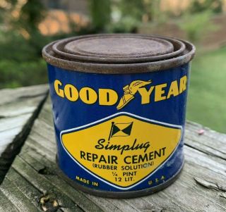 Vintage Goodyear Tire Tube Repair Cement Metal Can 1/4pint Gas Station Oil Sign