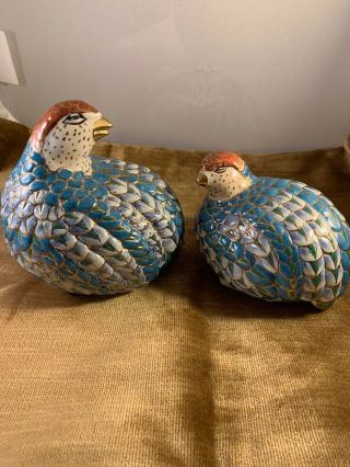 Mother/baby Ceramic Quail Figurines Seafoamgreen/turquoise Blue/gilt Gold Detail