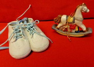 Set Of 2 Ceramic Christmas Ornaments,  Baby Shoes And Rocking Horse